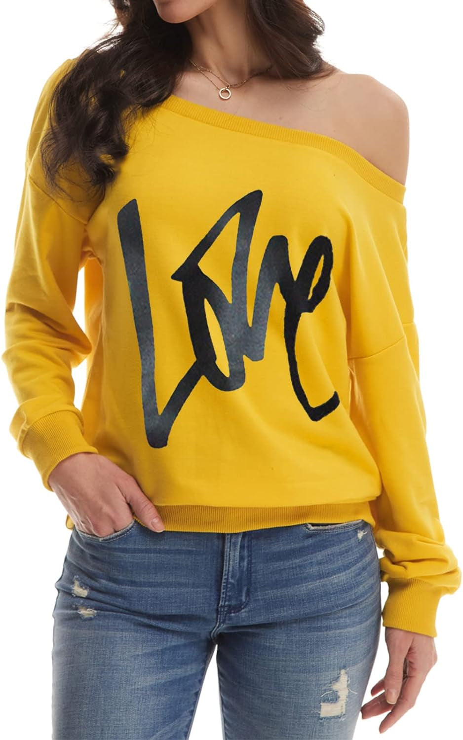 Womens Oversized Sweatshirt Love Letter Printed off Shoulder Sweatshirt Loose Slouchy Pullover Tops