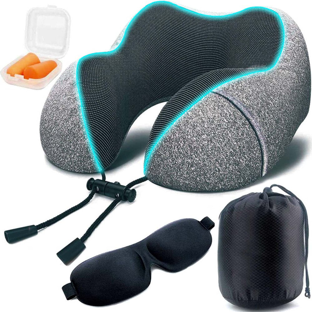 Travel Pillow, Memory Foam Neck Pillow, Upgrade Design Perfect Support U Shaped Pillow with 3D Contoured Eye Mask, Earplugs, Travel Bag