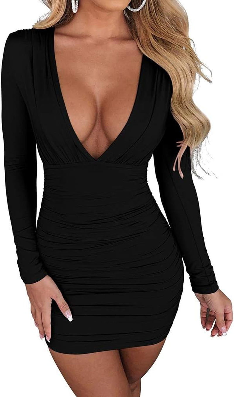 Women'S Sexy Bodycon Long Sleeve V Neck Ruched Mini Club Dress