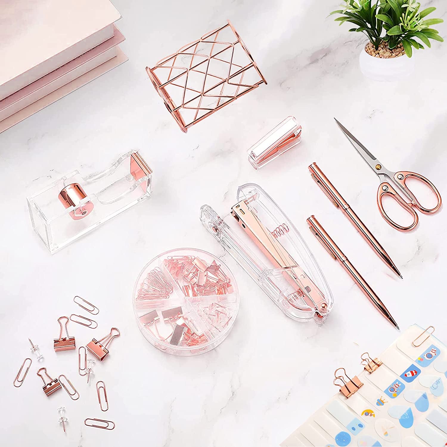 Rose Gold Desk Accessories，Office Supplies Set Acrylic Stapler Set Staple Remover, Tape Holder, 2 Ballpoint Pen, Scissor, Binder/Paper Clips and 1000Pcs Staples.