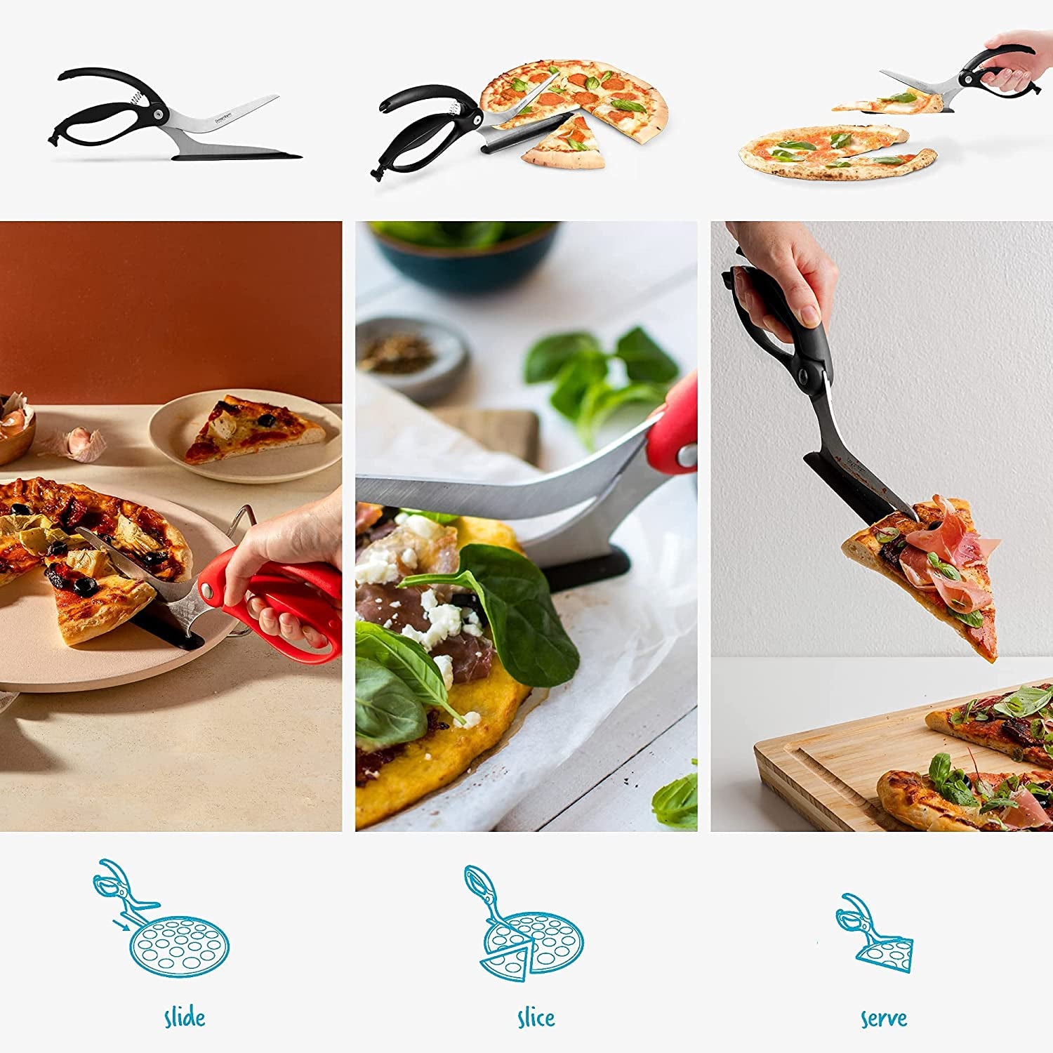 Scizza | Non-Stick Pizza Scissors with Protective Server | Stainless Steel All-In-One Pizza Slicer & Pizza Server | Easy-To-Use & Clean Pizza Cutters | Black